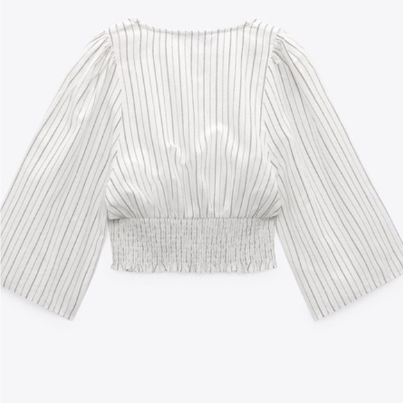 Zara Linen Blend Blouse Cross Wrap Striped Crop - Picture 2 of 5